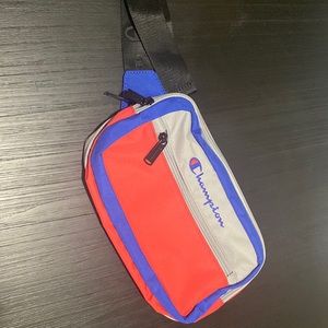 Red, Gray, and white Champion waist pack